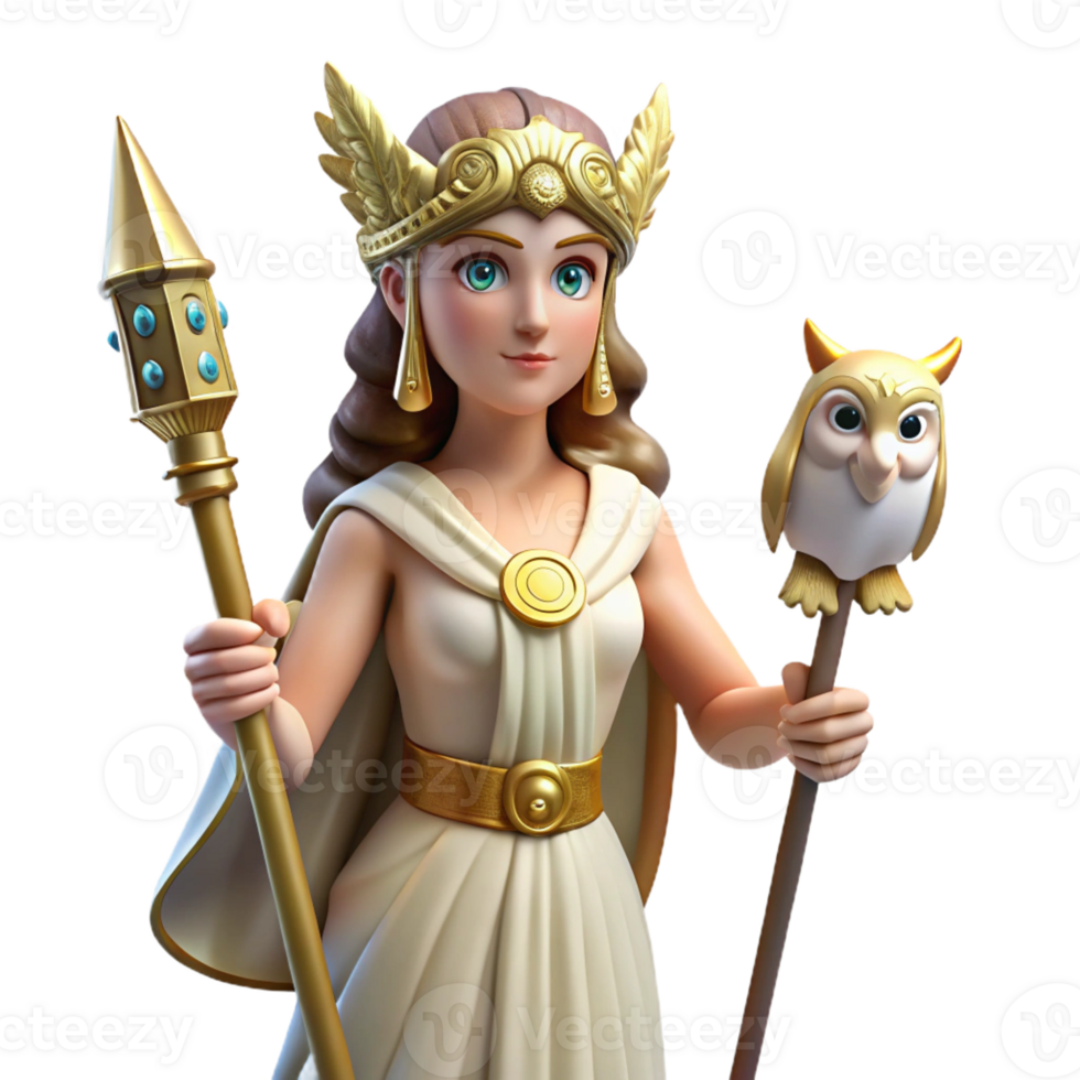 unparalleled creative Athena, Goddess of Wisdom, holding an owl and spear with Transparent Background precision png