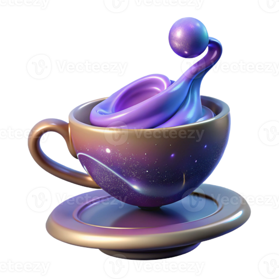 timeless contemporary Ultra-detailed, professional render of a levitating teacup filled with swirling cosmic dust with Transparent Background perfect clarity png
