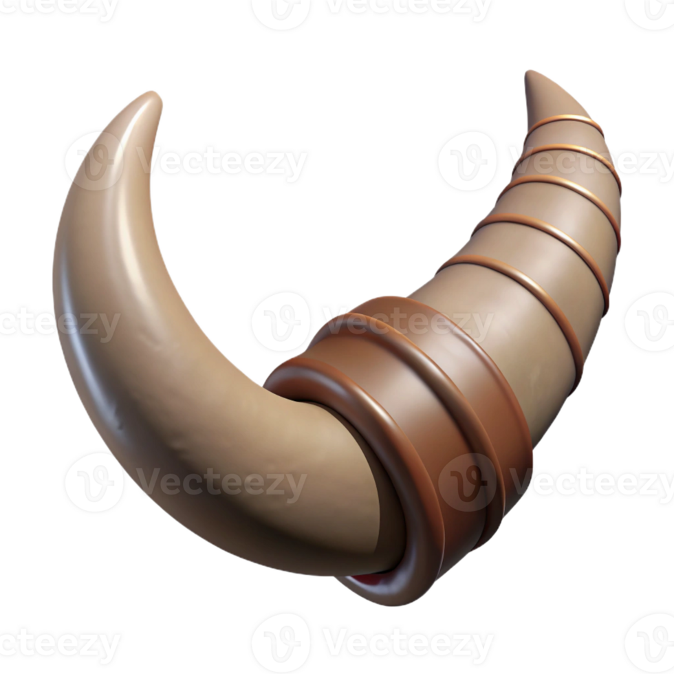 pristine retro Ultra-detailed, photorealistic, isolated cutout of a single Minotaur horn, textured and scarred with Transparent Background masterfully captured png
