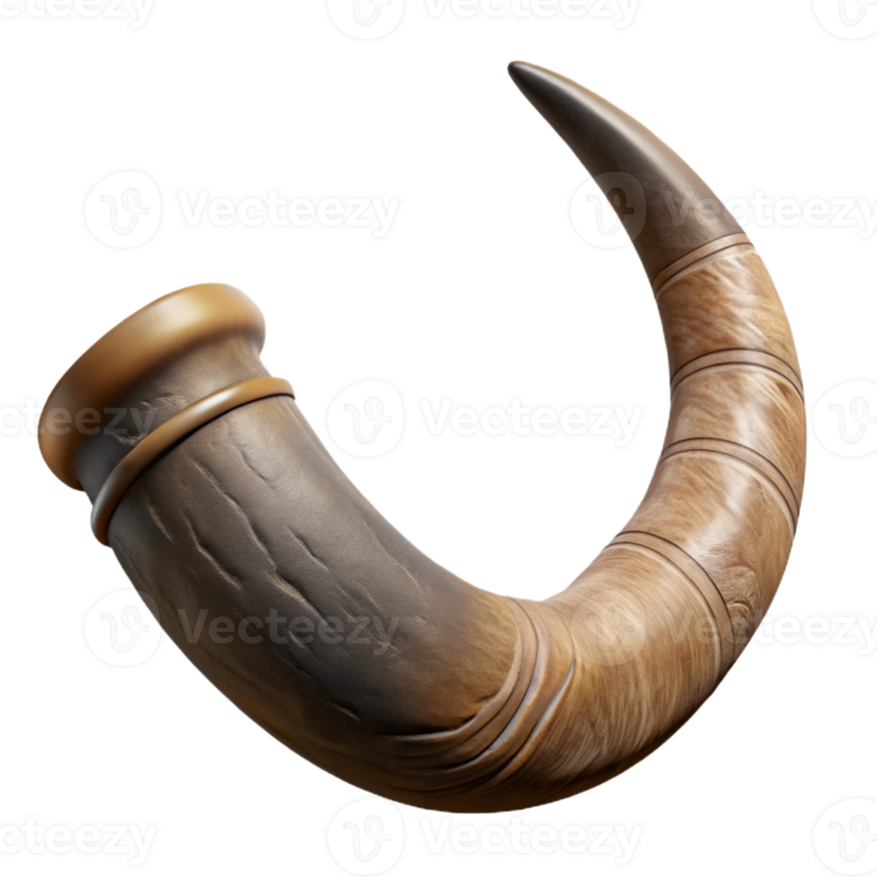 splendid harmonious retro Ultra-detailed, photorealistic, isolated cutout of a single Minotaur horn, textured and scarred with Transparent Background museum quality png