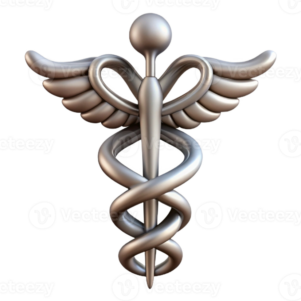 sumptuous organic Ultra-detailed, concept art style, isolated cutout of a single, silver Caduceus, snakes intertwined with Transparent Background exclusive png