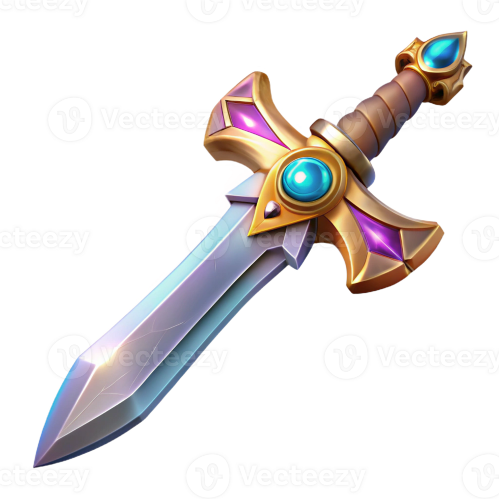 whimsical dazzling Concept art style, hyper-specific professional render of an isolated Excalibur sword, hilt encrusted with jewels with Transparent Background high resolution png