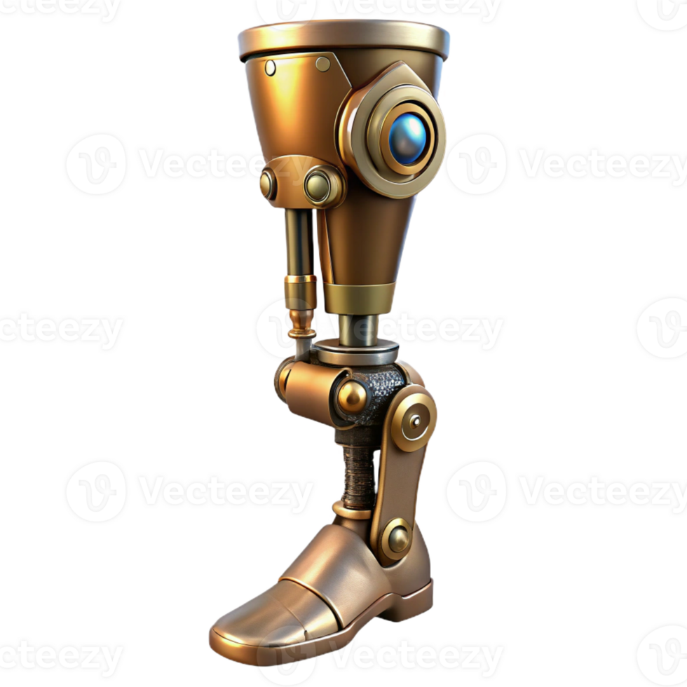 reflective elegant Steampunk prosthetic leg with articulated joints and metal plating with Transparent Background studio quality png