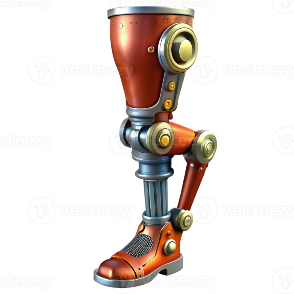 passionate glorious Steampunk prosthetic leg with articulated joints and metal plating with Transparent Background authentic png