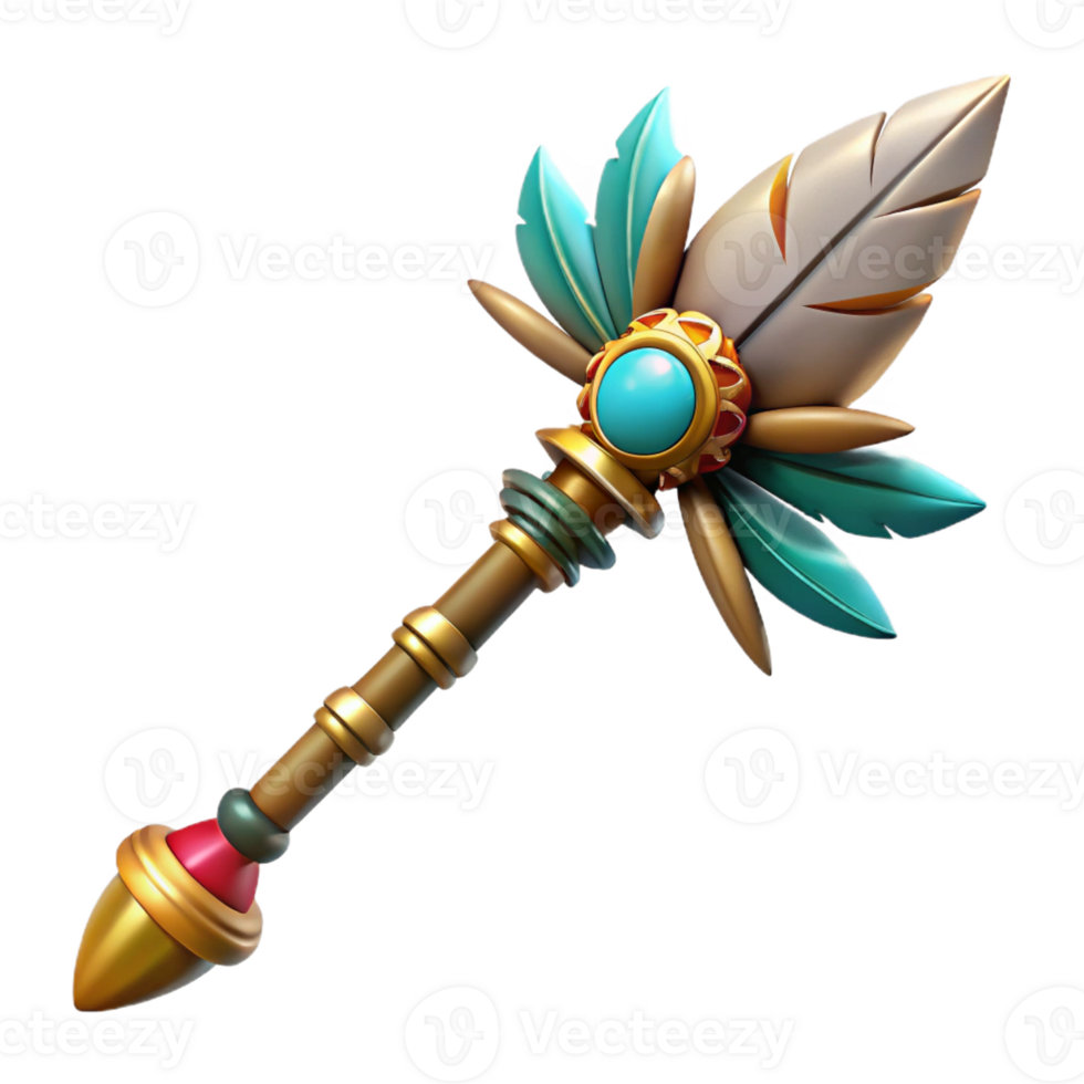 pristine geometric Hyper-specific concept art style isolated cutout of a tribal chieftain's staff, ultra-detailed, adorned with feathers and beads with Transparent Background artisan png
