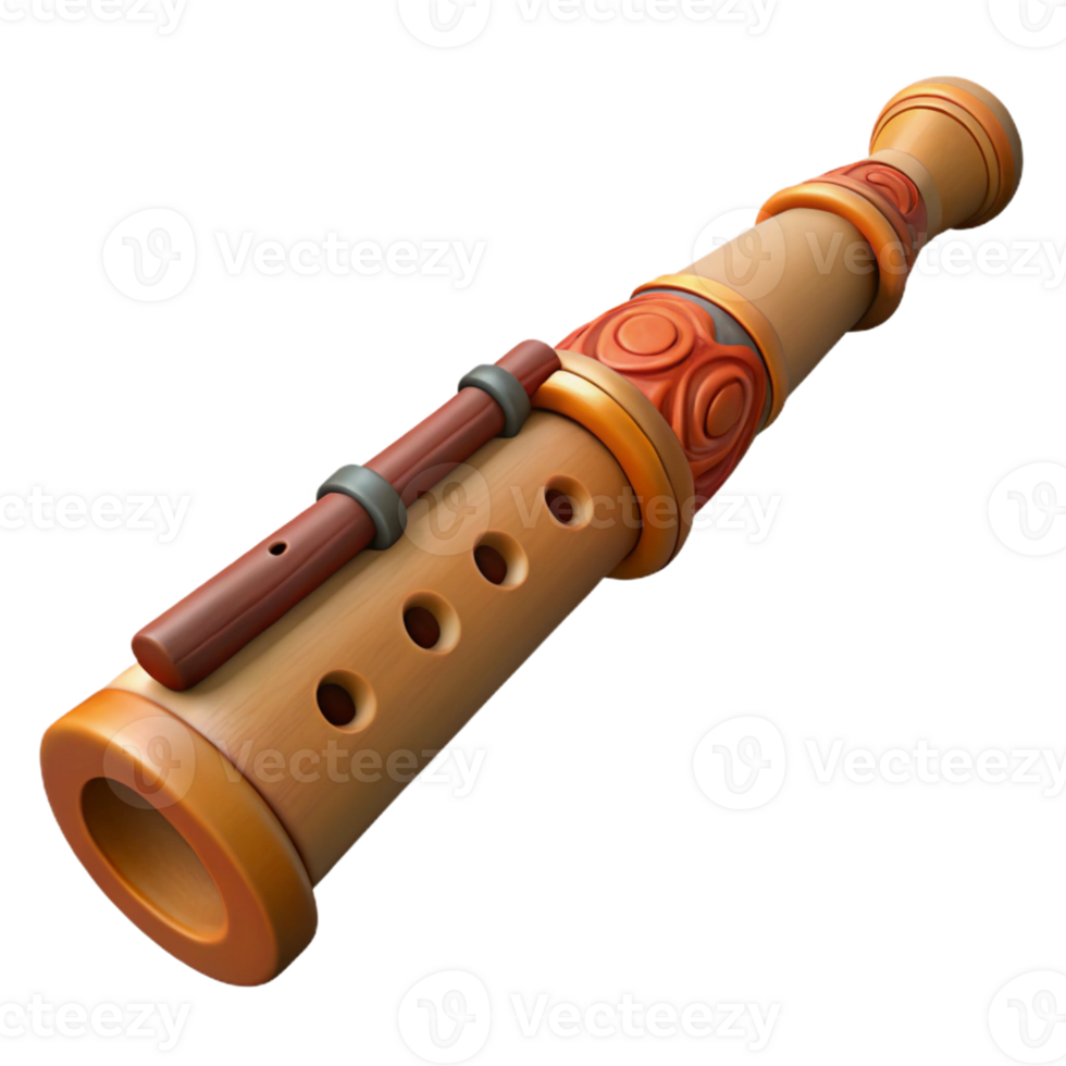 unforgettable surreal Isolated cutout, hyper-specific concept art style, ultra-detailed tribal wooden flute with intricate carvings with Transparent Background top-tier png