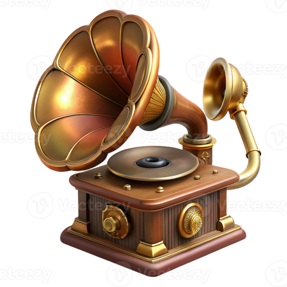 romantic striking Steampunk gramophone with a brass horn and a hand crank with Transparent Background impeccable png