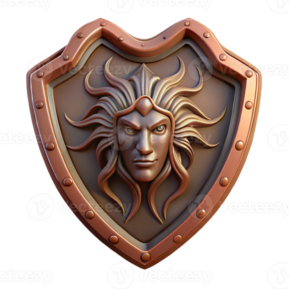 spectacular futuristic Ultra-detailed, concept art style, isolated cutout of a single, weathered Aegis shield, Medusa head centerpiece with Transparent Background flawless png