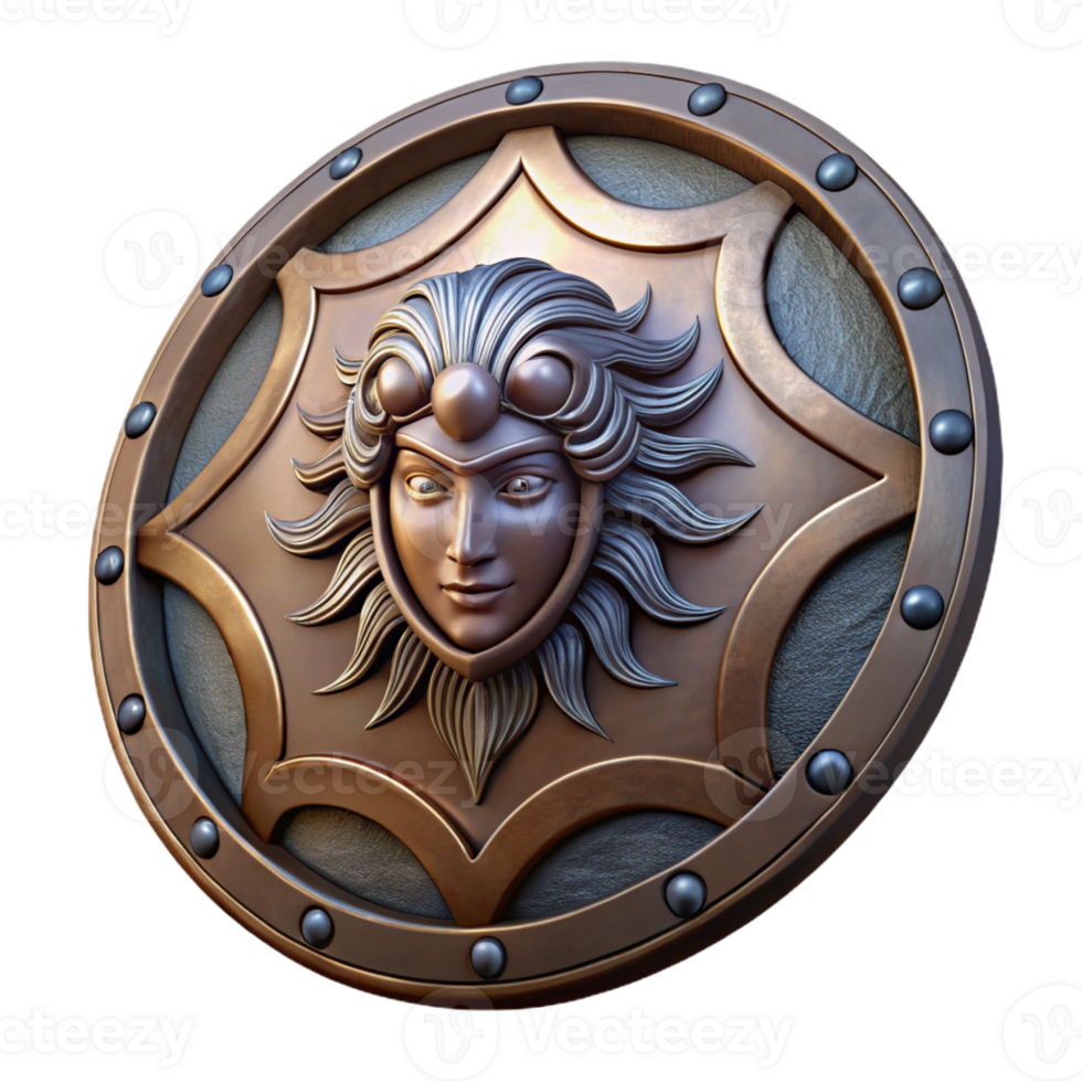 intense mesmerizing Ultra-detailed, concept art style, isolated cutout of a single, weathered Aegis shield, Medusa head centerpiece with Transparent Background refined png