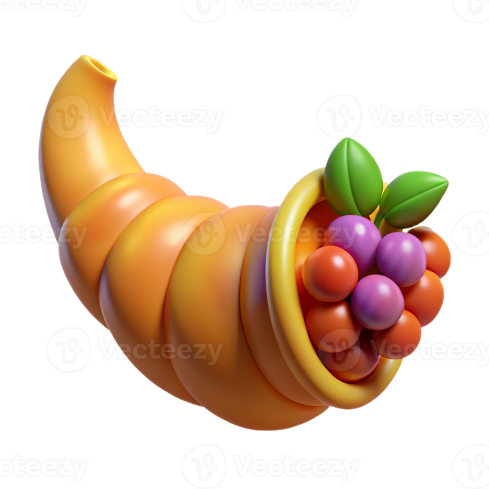 notable urban Concept art style, ultra-detailed, isolated cutout of a single Horn of Plenty, overflowing with fruit with Transparent Background artisan png