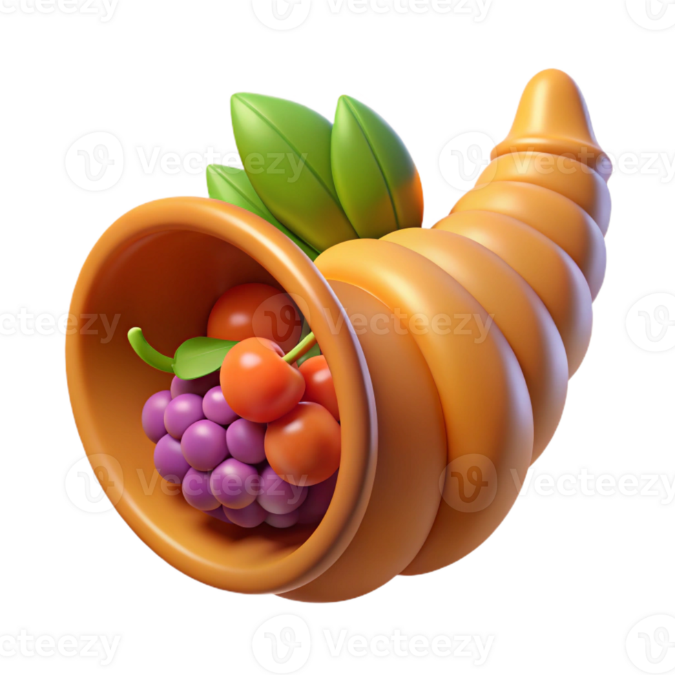 mesmerizing urban Concept art style, ultra-detailed, isolated cutout of a single Horn of Plenty, overflowing with fruit with Transparent Background fine detail png