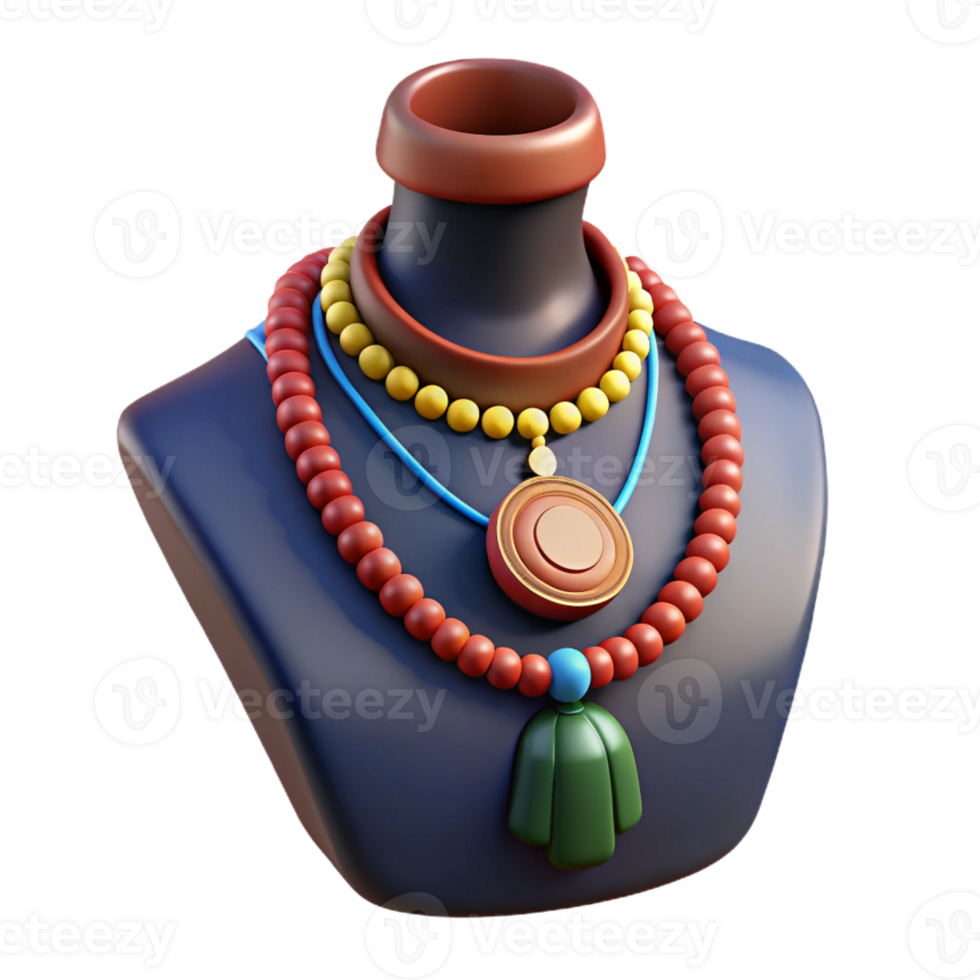 striking urban Ultra-detailed photorealistic professional render of an isolated cutout, hyper-specific tribal woman's beaded necklace with symbolic pendants with Transparent Background detailed png