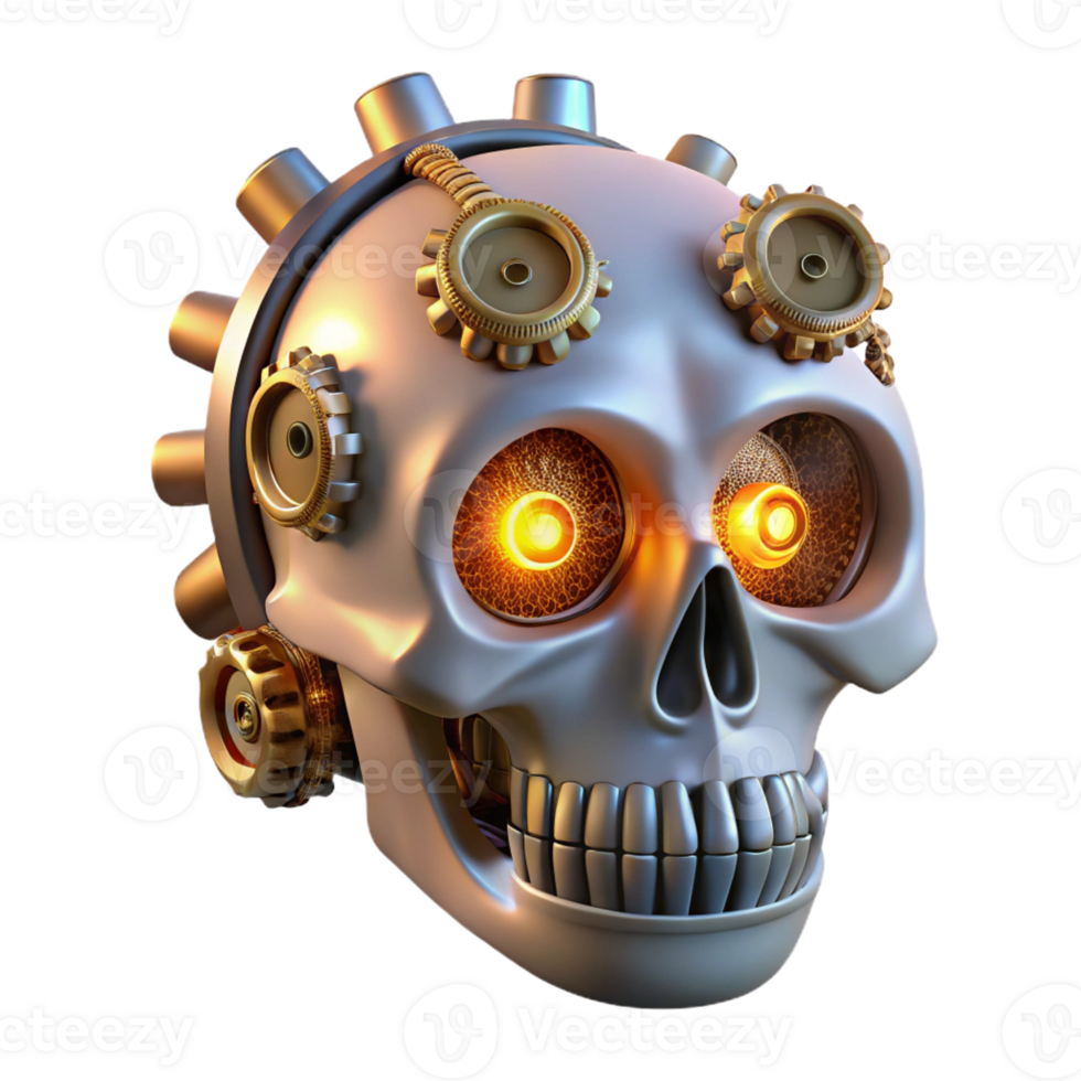 playful mesmerizing Steampunk skull with gears, pipes, and glowing LEDs with Transparent Background handcrafted png
