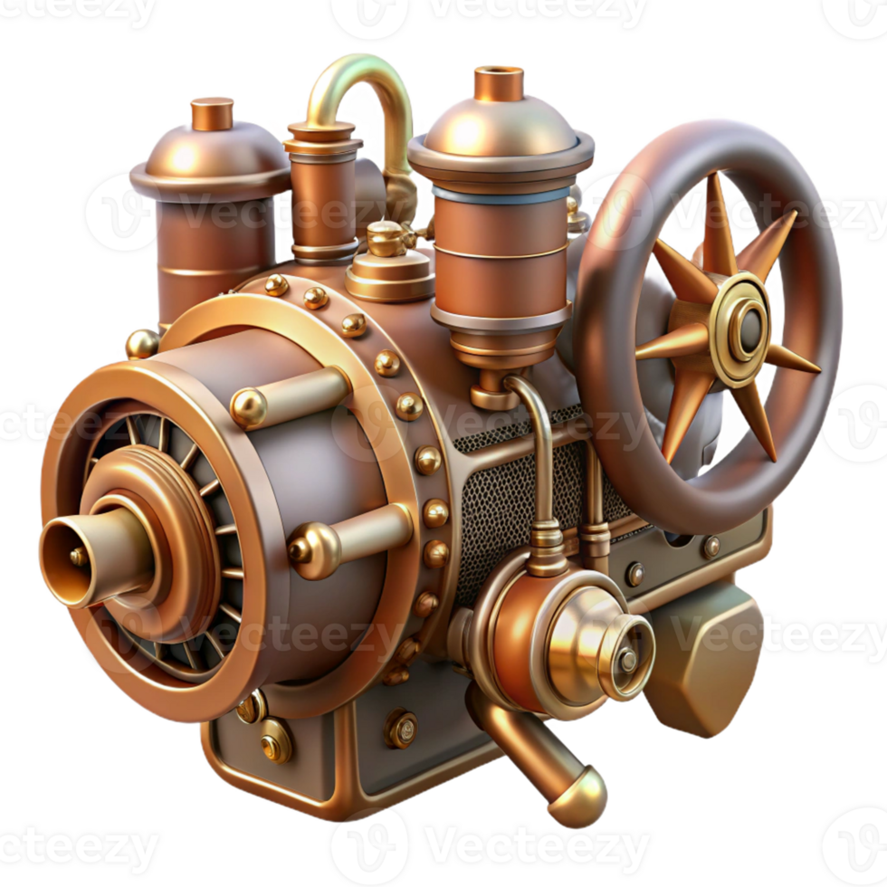 spectacular unparalleled Steampunk airship engine with pistons, gears, and copper pipes with Transparent Background png