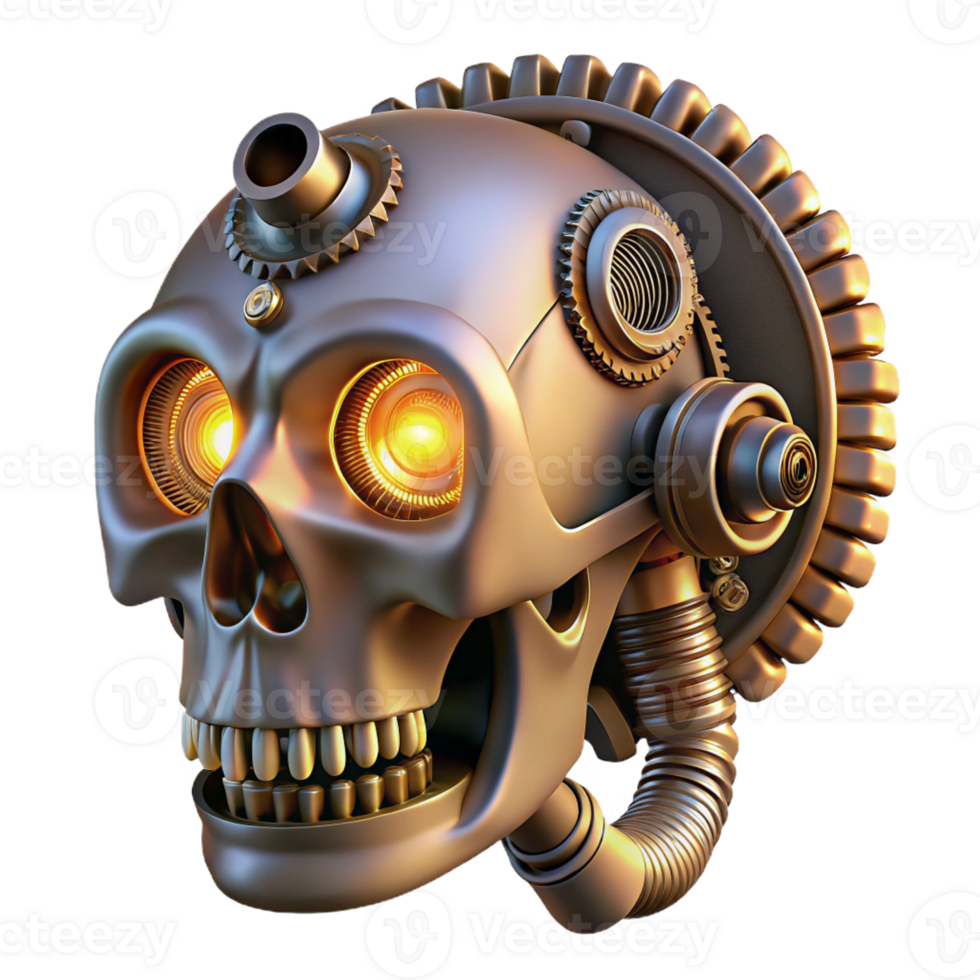 spectacular intense creative Steampunk skull with gears, pipes, and glowing LEDs with Transparent Background 4K png