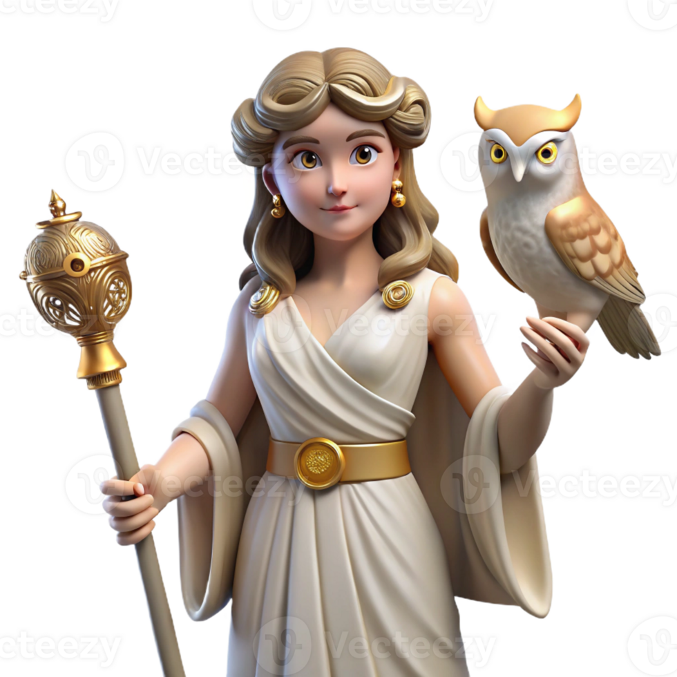 sought-after nordic Athena, Goddess of Wisdom, holding owl, with Transparent Background original png
