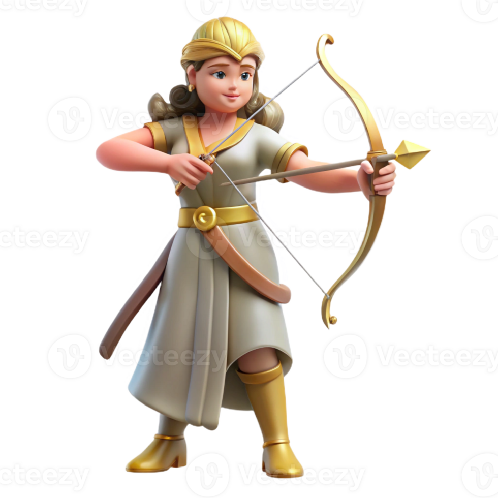 harmonious enchanting Artemis, Goddess of the Hunt, with bow and arrow, with Transparent Background refined png
