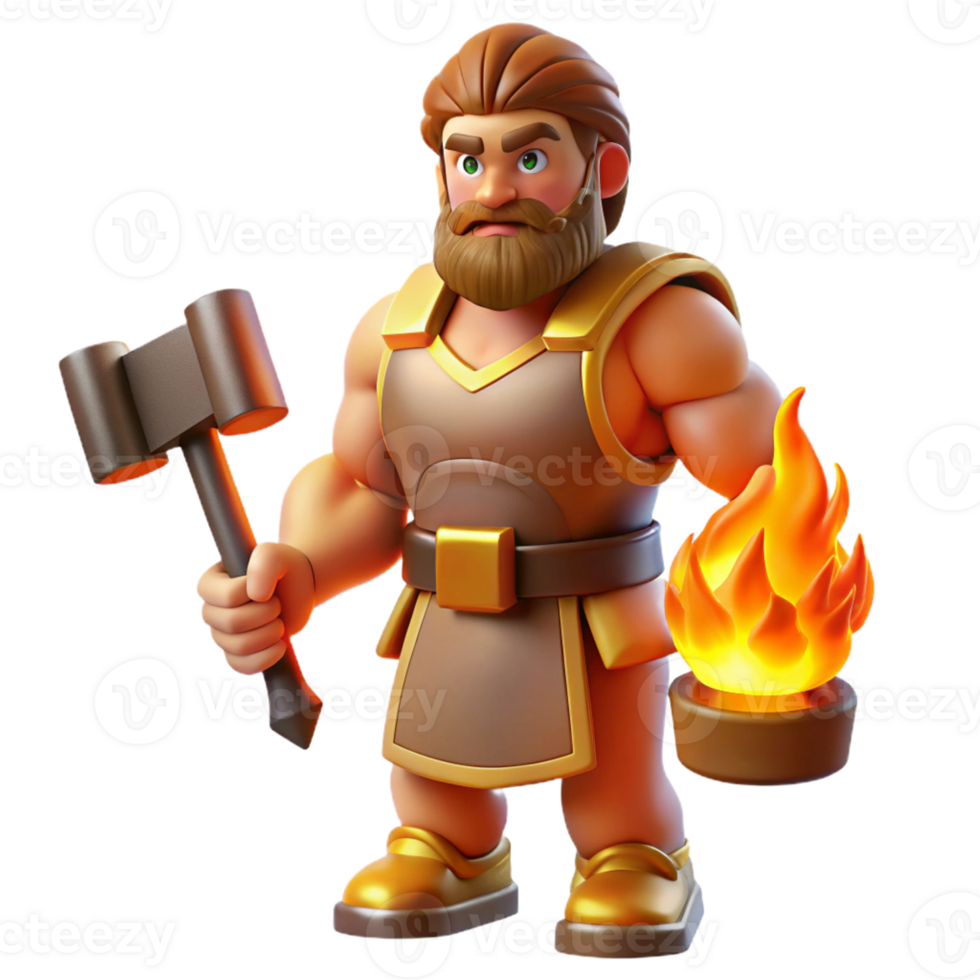 whimsical sumptuous Hephaestus, God of Fire and Forge, holding hammer, with Transparent Background sharp png