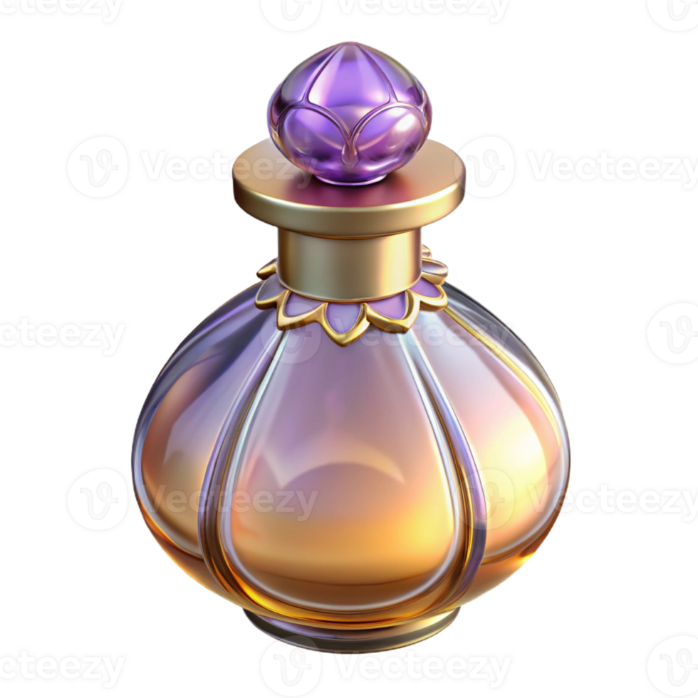 vibrant memorable Hyper-specific professional render, isolated cutout of an Art Nouveau perfume bottle, clear glass, elongated shape, stylized floral stopper with Transparent Background png