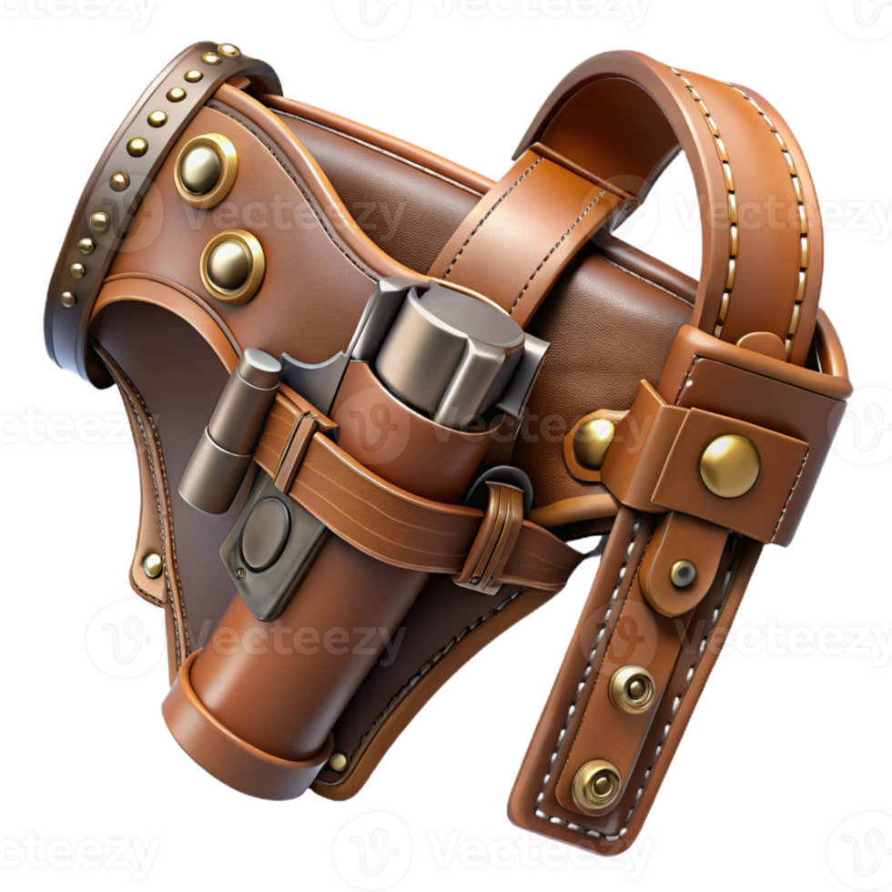 radiant classic Steampunk gun holster with leather straps and metal buckles with Transparent Background studio quality png