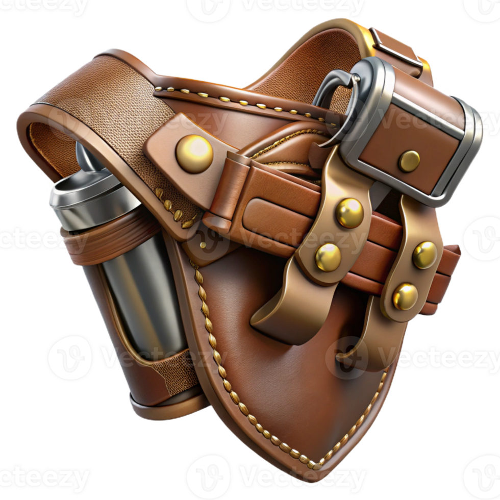pristine ethereal modern Steampunk gun holster with leather straps and metal buckles with Transparent Background ultra HD png