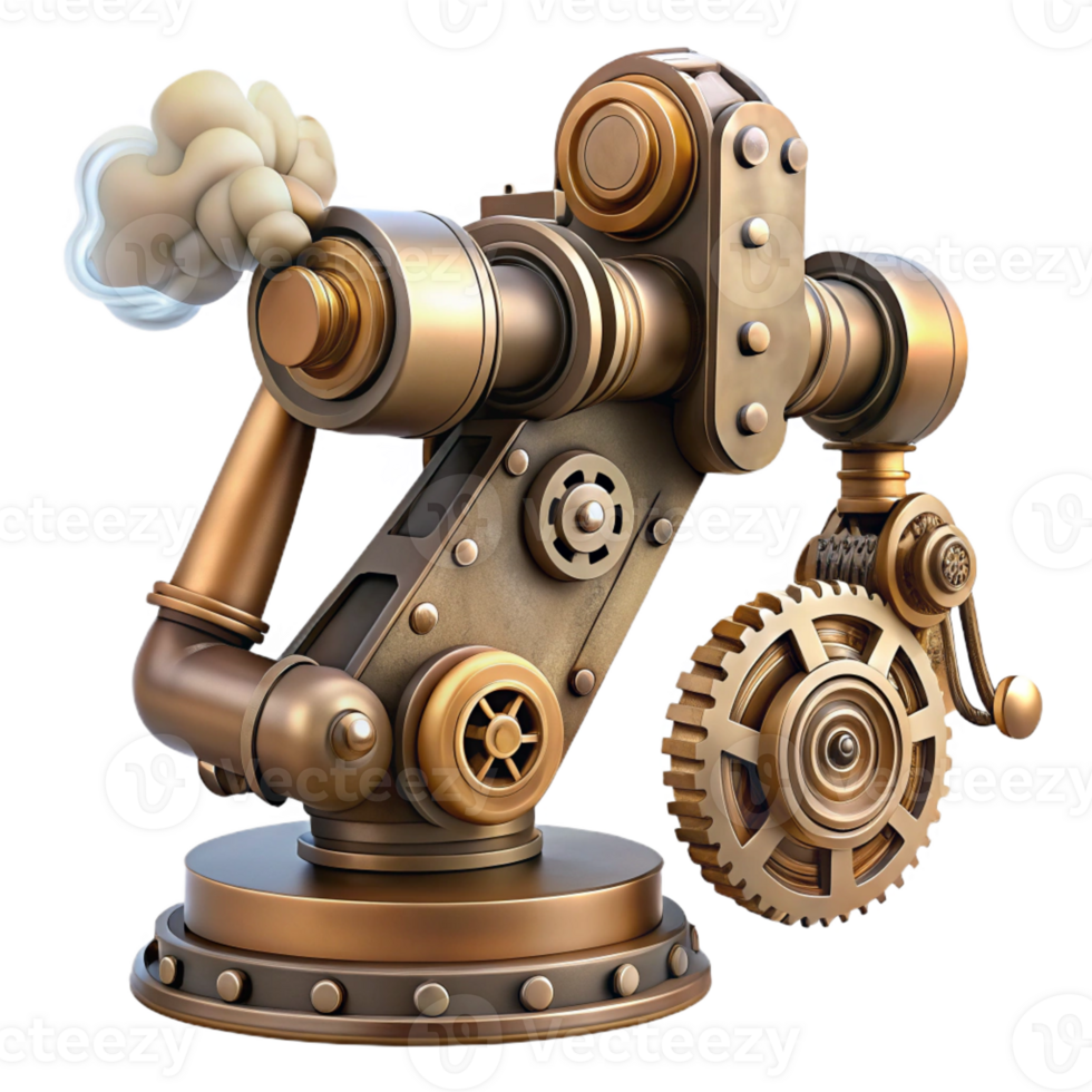 timeless mid-century Steampunk robotic arm with exposed gears and steam vents with Transparent Background genuine png