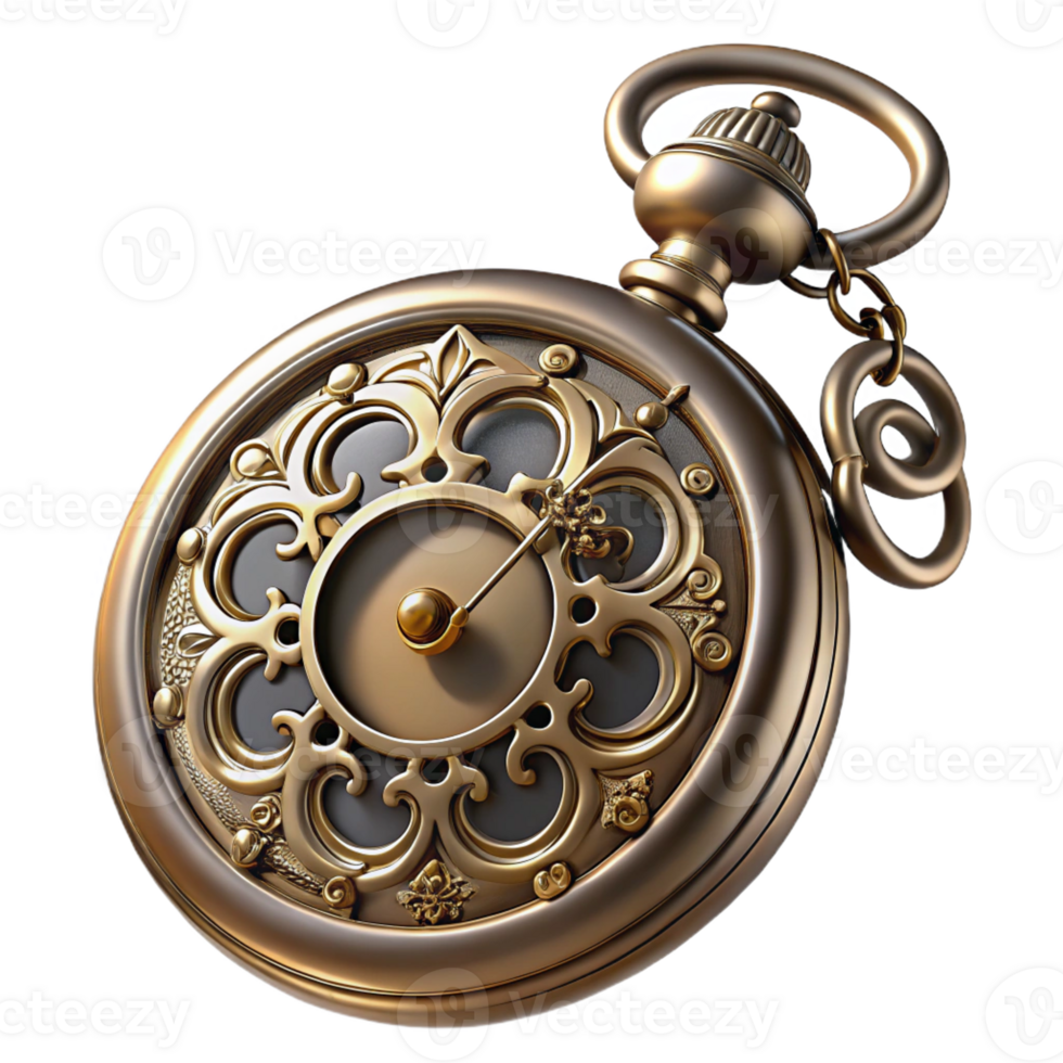 quintessential contemporary Steampunk pocket watch with ornate filigree and Roman numerals with Transparent Background high quality png