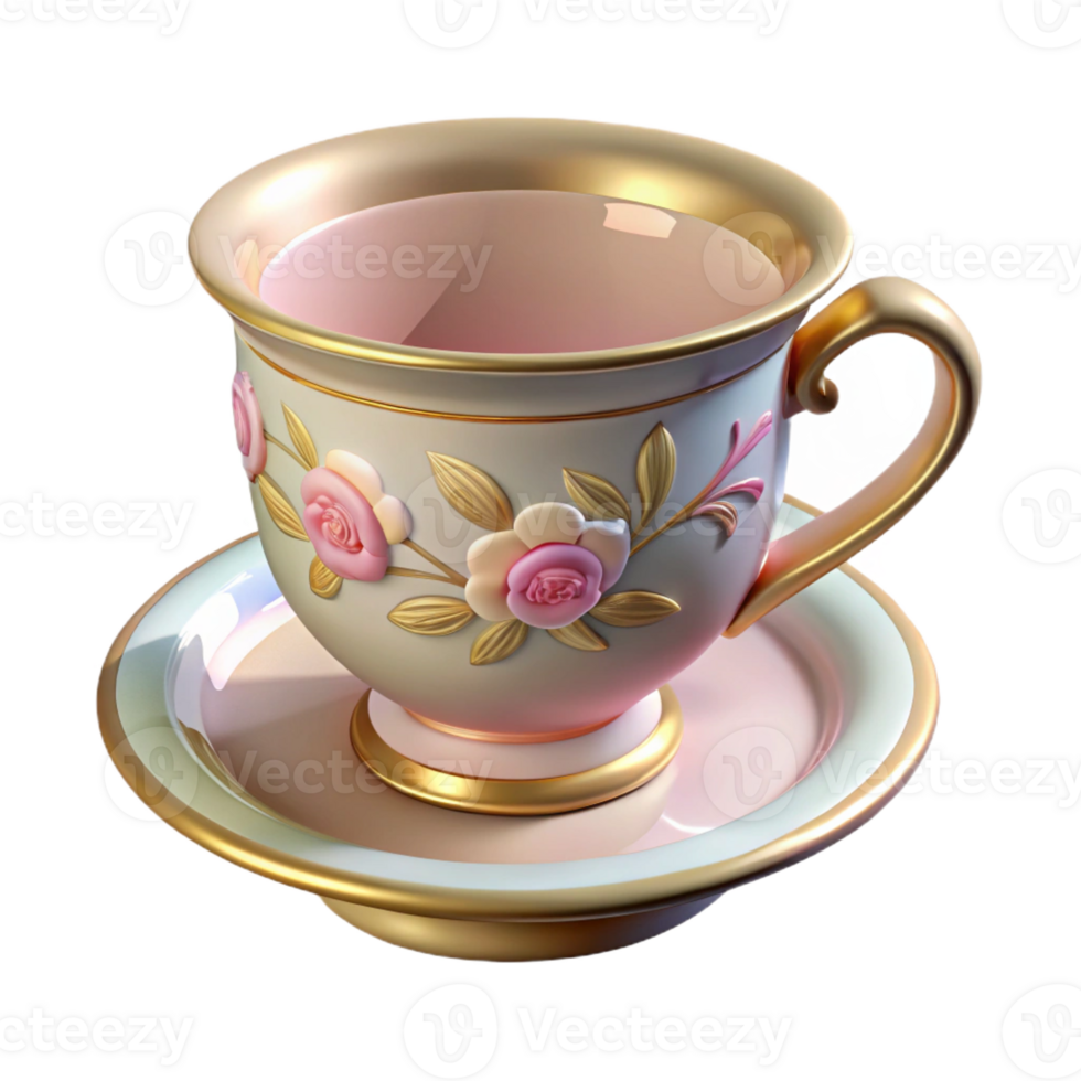 immaculate dynamic gothic Hyper-specific professional render, isolated cutout of an Art Nouveau teacup, porcelain, delicate floral pattern, gold rim with Transparent Background luxury png