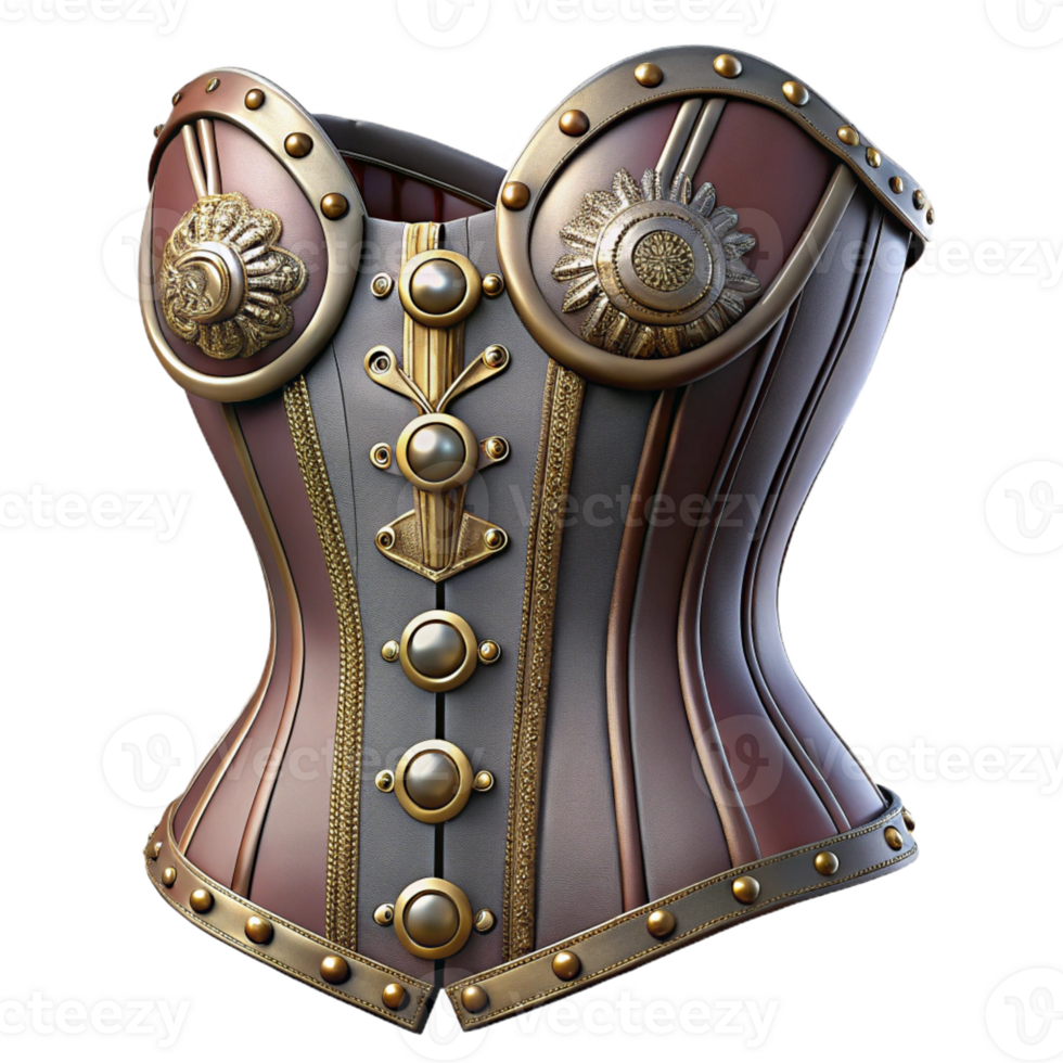 vibrant reflective mid-century Steampunk corset with intricate lacing and metallic embellishments with Transparent Background high resolution png