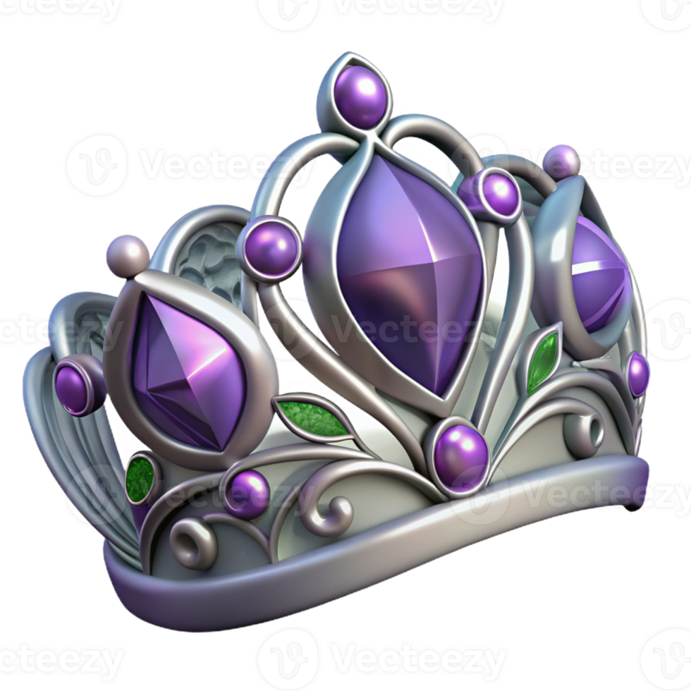 radiant memorable Hyper-specific, professional render, isolated cutout Art Nouveau tiara, silver, intricate leaf and vine design, amethyst gemstones with Transparent Background png