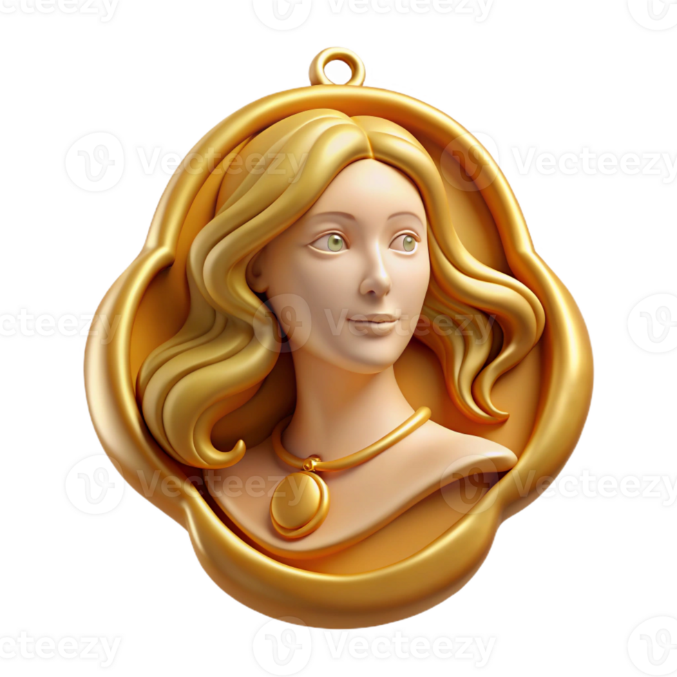 hypnotic romantic creative Concept art style isolated cutout, Art Nouveau pendant, gold, featuring a stylized woman's profile with flowing hair with Transparent Background detailed png