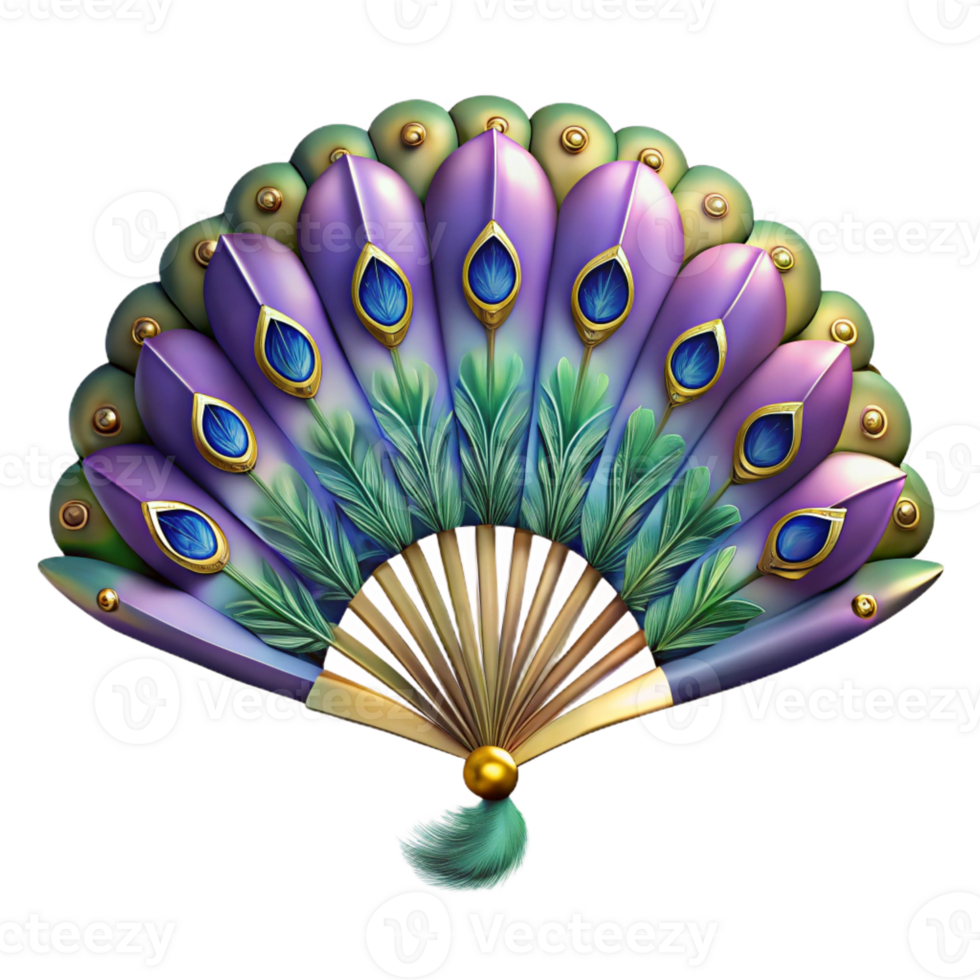 rare abstract Ultra-detailed, photorealistic isolated cutout, Art Nouveau fan, silk, painted with stylized irises and peacock feathers with Transparent Background high quality png