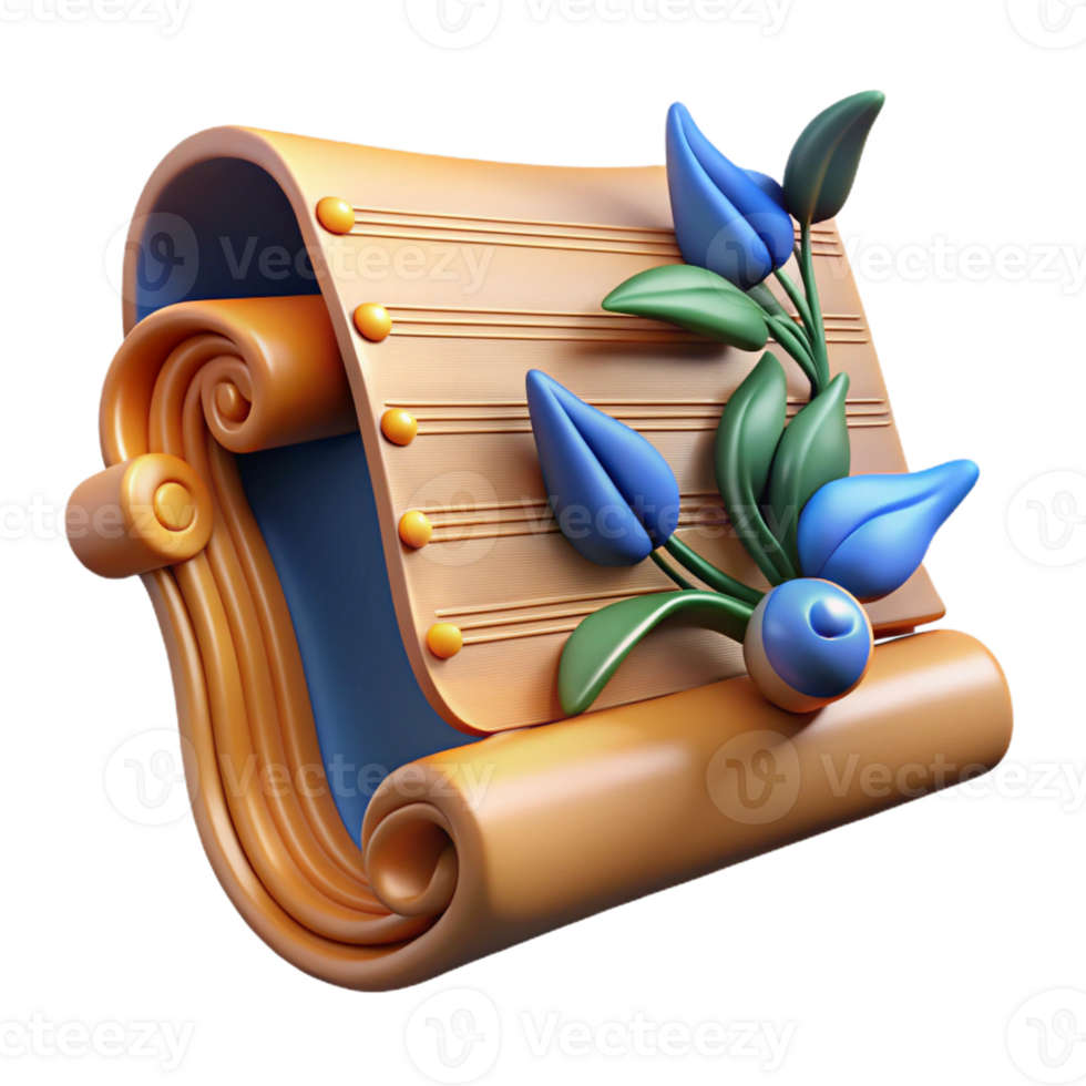 unforgettable renaissance Ultra-detailed, photorealistic isolated cutout, Art Nouveau music sheet, featuring stylized musical notation and floral border with Transparent Background museum quality png