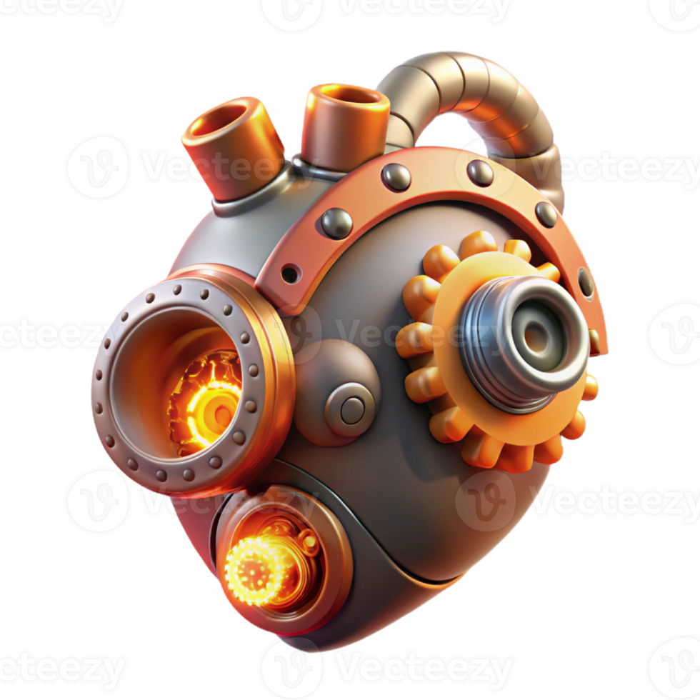 standout tropical Steampunk heart with gears, pipes, and glowing embers with Transparent Background high quality png