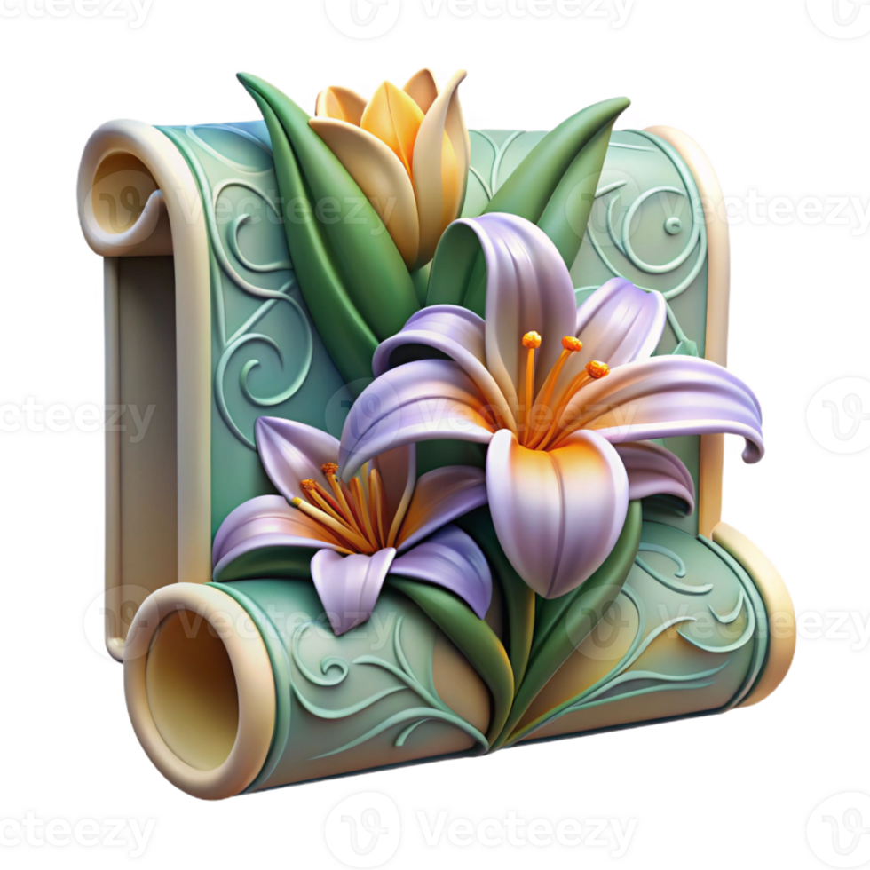 notable geometric Ultra-detailed, photorealistic isolated cutout, Art Nouveau wallpaper sample, featuring repeating pattern of stylized lilies with Transparent Background studio quality png