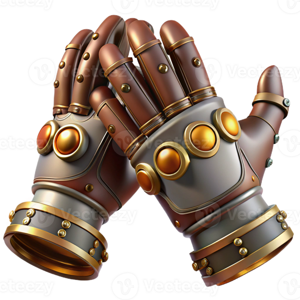 stunning victorian Steampunk gloves with articulated fingers and metallic plating with Transparent Background genuine png
