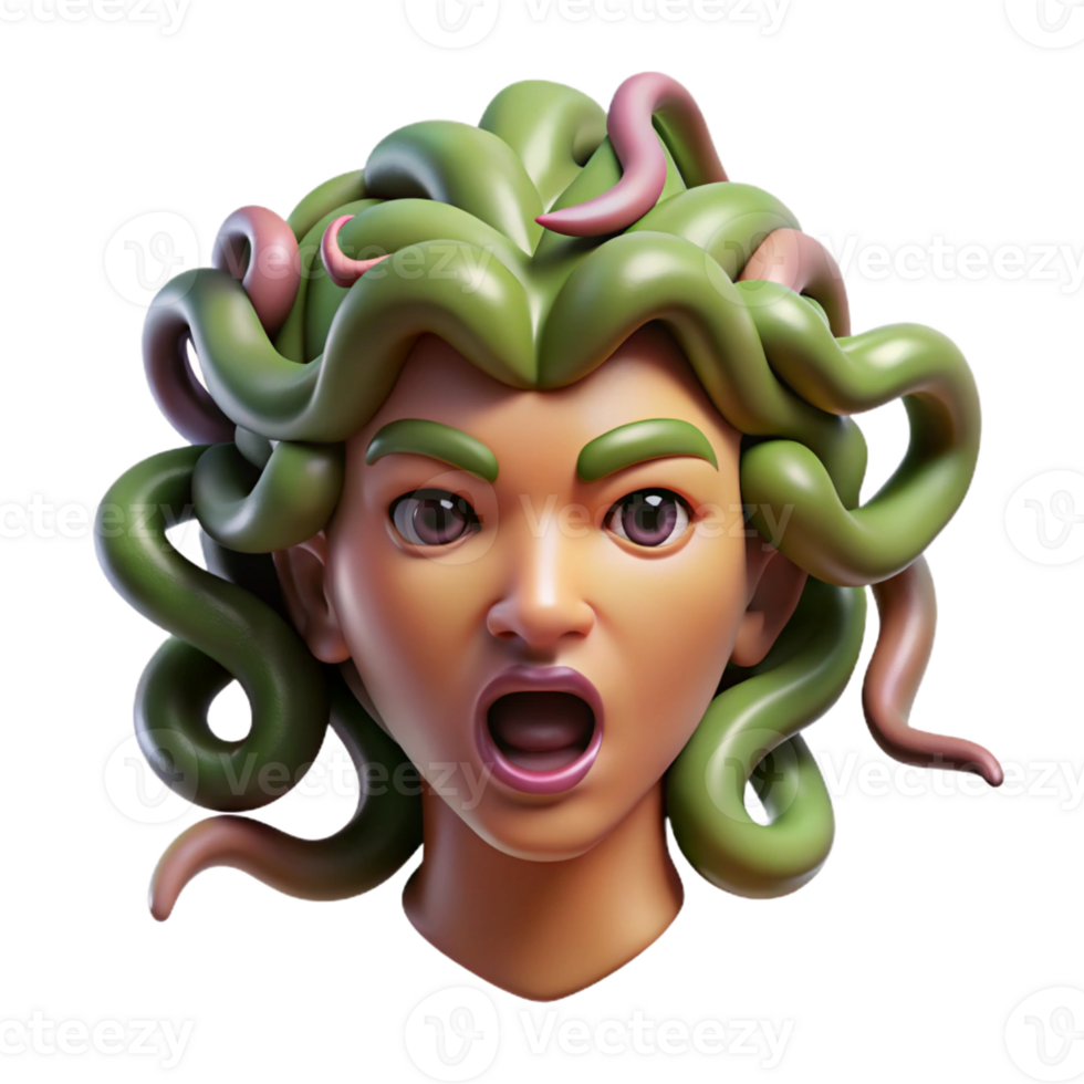majestic reflective traditional Photorealistic concept art style render of a single Medusa head, snakes writhing, isolated cutout with Transparent Background studio quality png