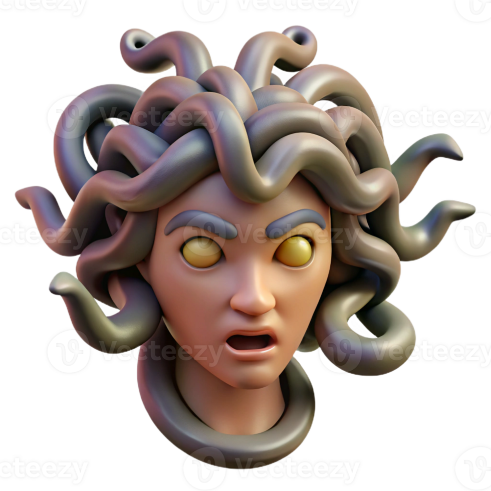 quintessential tropical Photorealistic concept art style render of a single Medusa head, snakes writhing, isolated cutout with Transparent Background impeccable png