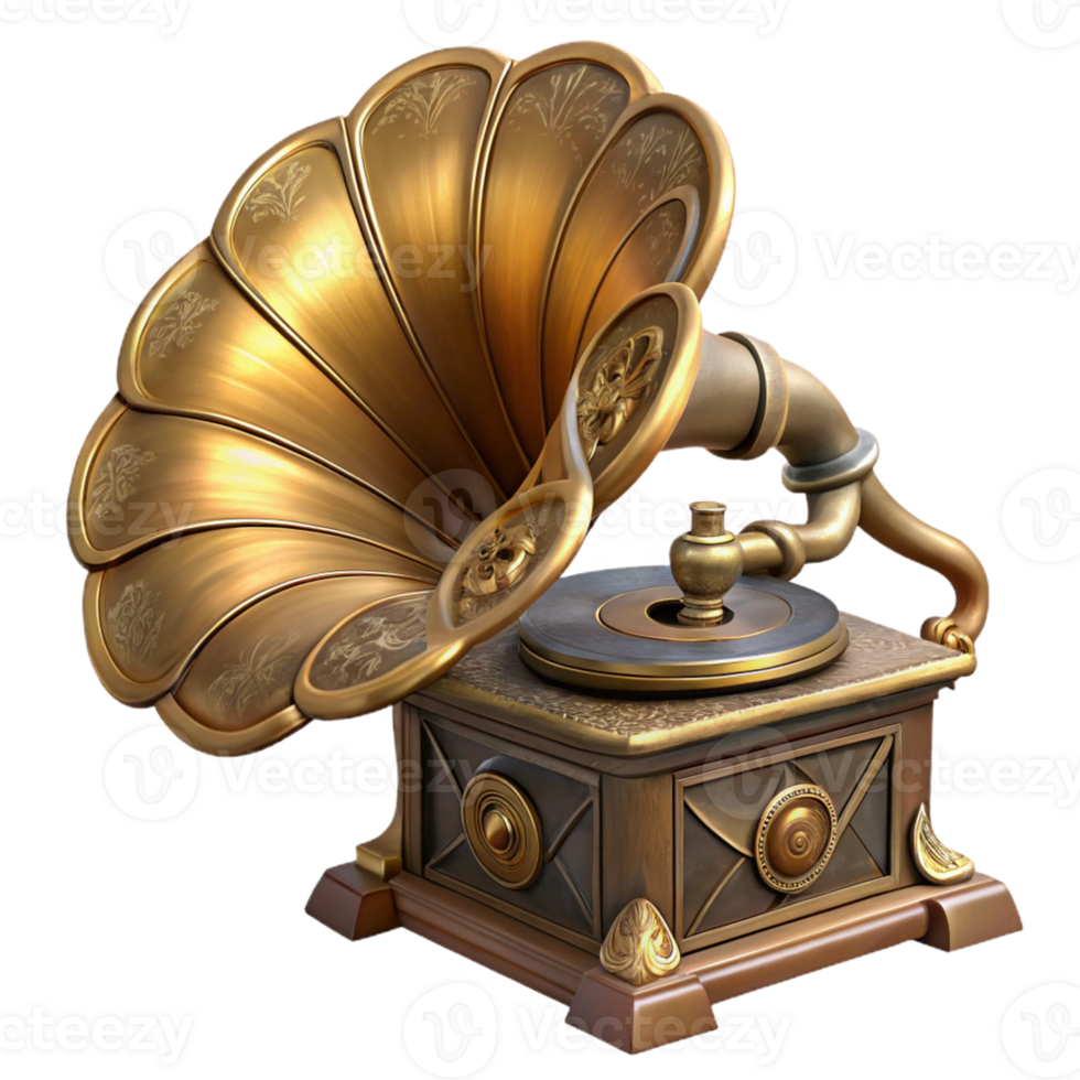iconic bohemian Steampunk gramophone with a large horn and ornate carvings with Transparent Background precision png