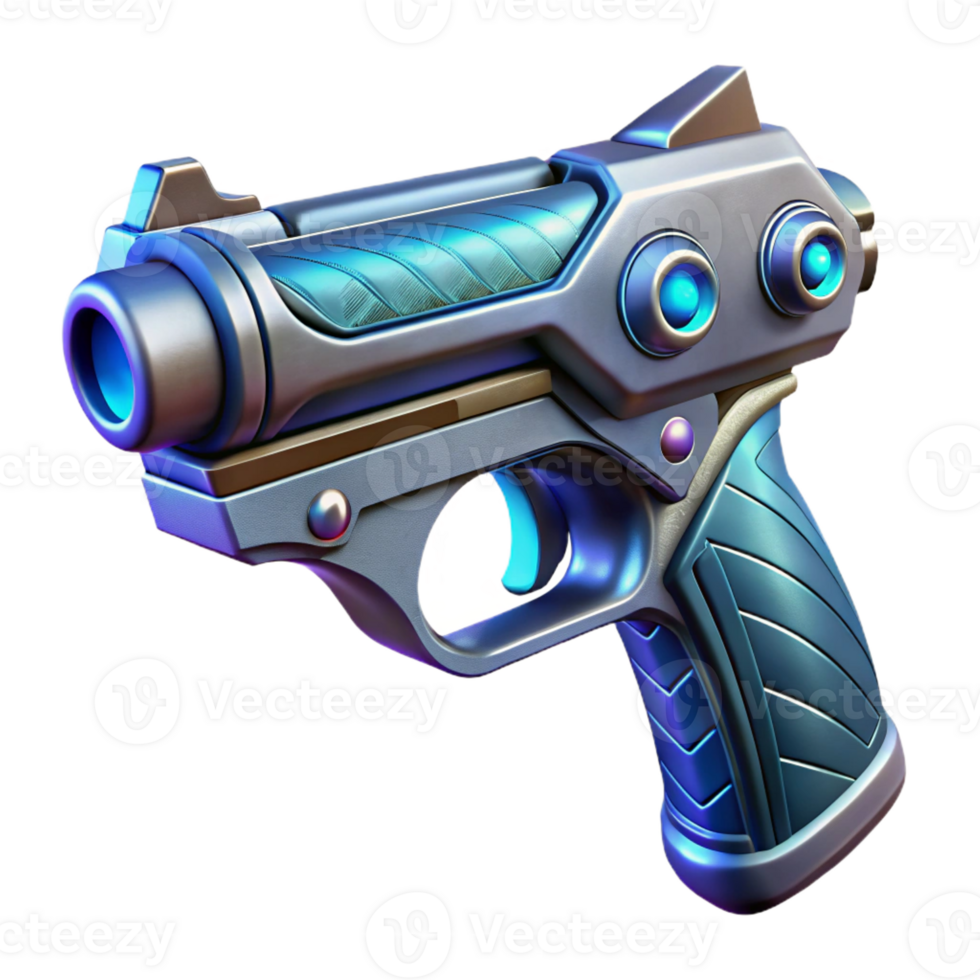 radiant iconic Concept art style, isolated cutout of a sleek, bioluminescent alien pistol with intricate engravings with Transparent Background png