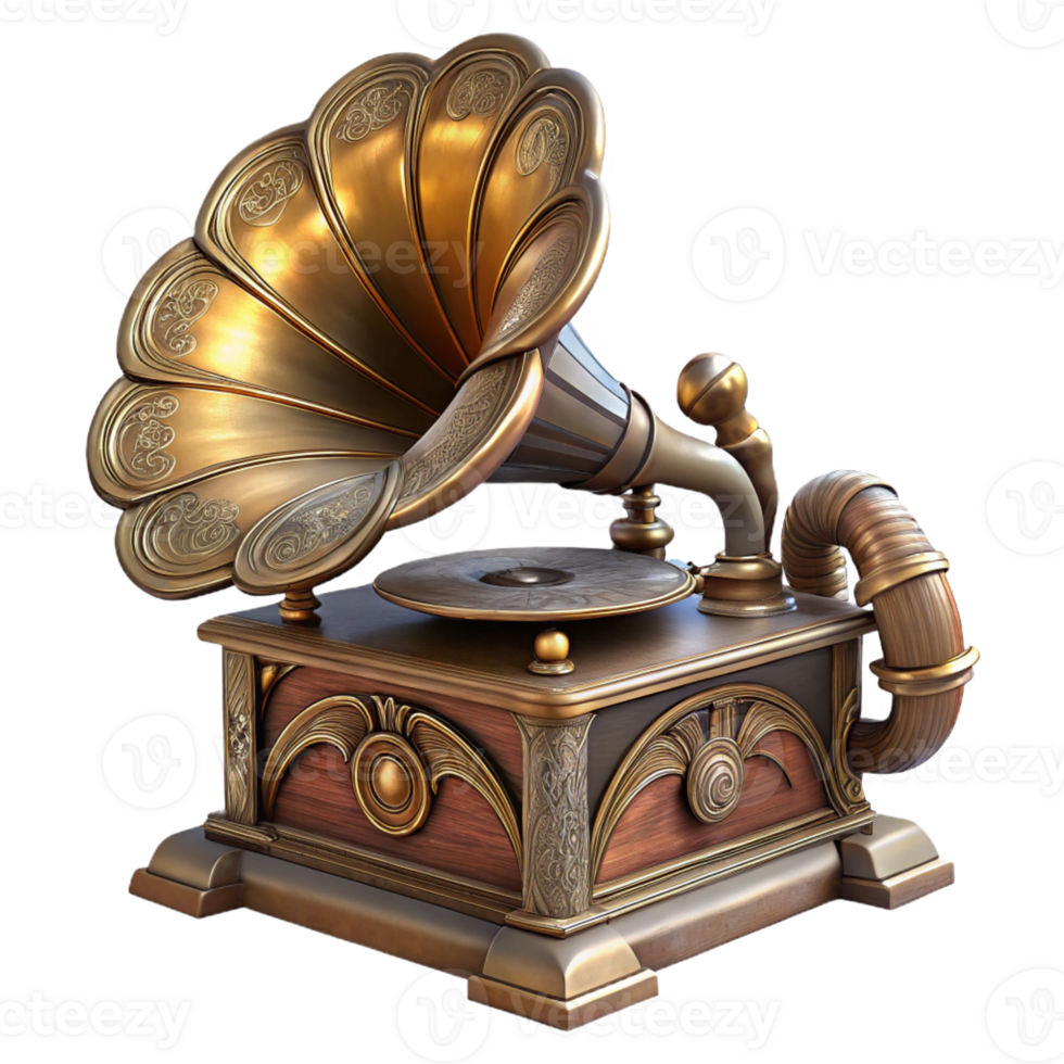 stunning dynamic geometric Steampunk gramophone with a large horn and ornate carvings with Transparent Background refined png