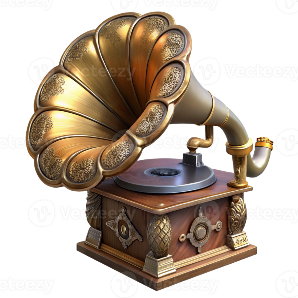 radiant peaceful classic Steampunk gramophone with a large horn and ornate carvings with Transparent Background luxury png
