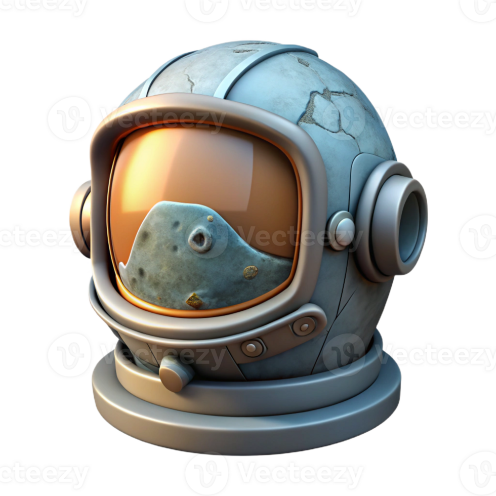 sought-after mid-century Concept art style, isolated cutout of a weathered, dented astronaut helmet with a cracked visor with Transparent Background high quality png
