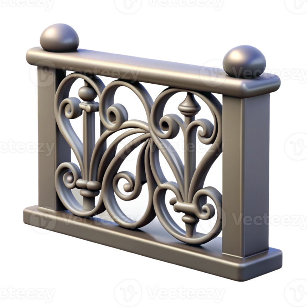 timeless bohemian Photorealistic, ultra-detailed, isolated cutout of a single, decorative, cast iron railing section with Transparent Background professional png