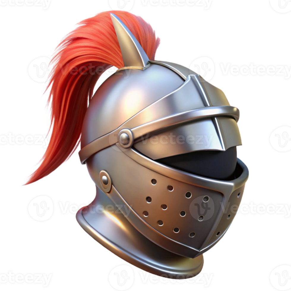 pristine quintessential A knight's helmet, polished steel, plume on top with Transparent Background png