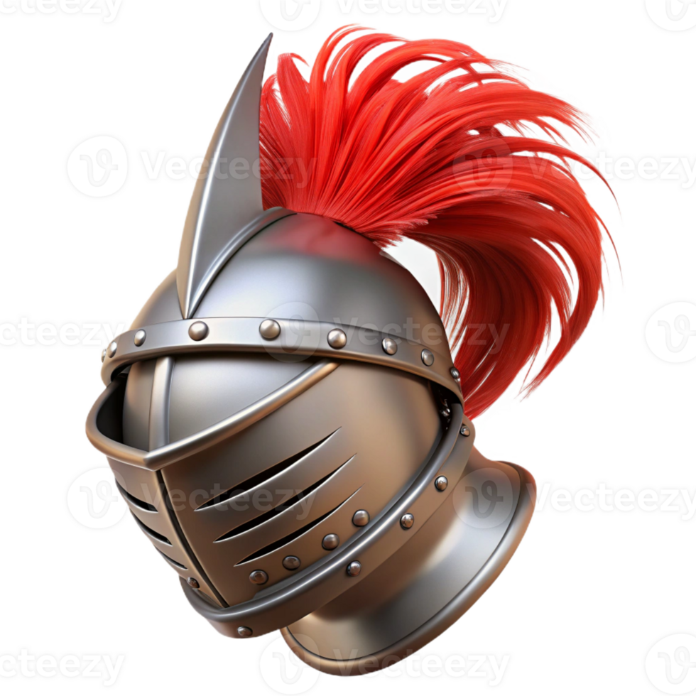 sought-after organic A knight's helmet, polished steel, plume on top with Transparent Background flawless png
