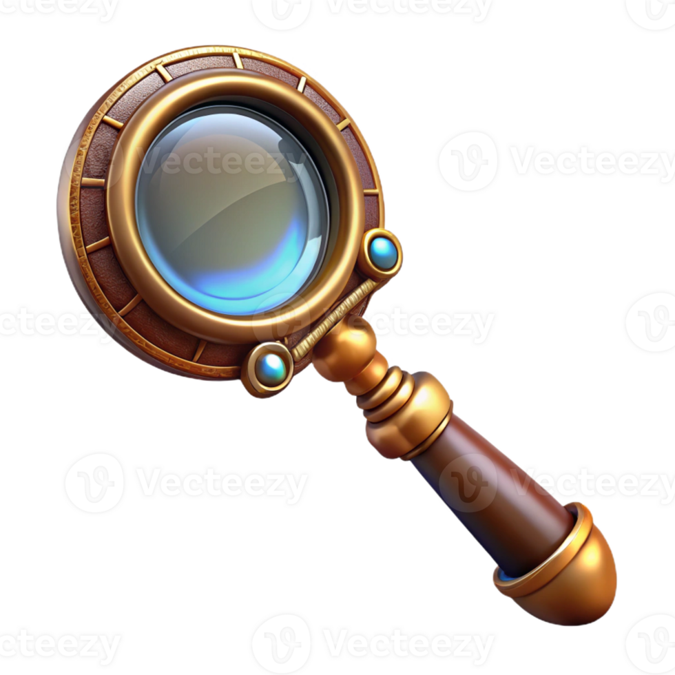 picturesque energetic art deco Steampunk magnifying glass with an ornate handle and brass frame with Transparent Background genuine png