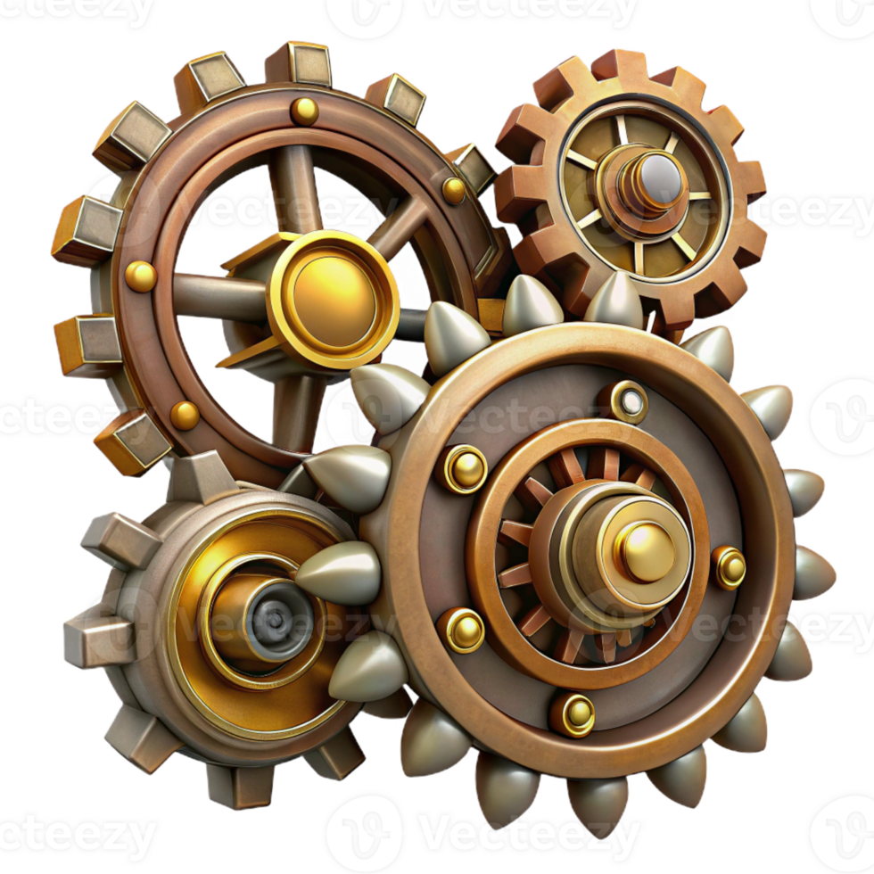 whimsical beautiful Steampunk gear set with various sizes and intricate designs with Transparent Background perfect clarity png
