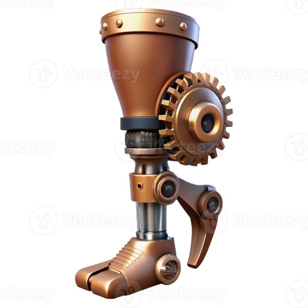 spectacular iconic Steampunk prosthetic leg with exposed gears and hydraulics with Transparent Background png