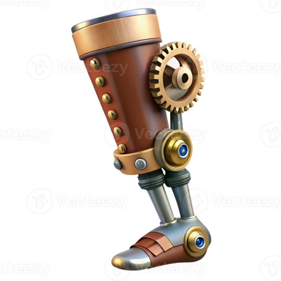 reflective enchanting Steampunk prosthetic leg with exposed gears and hydraulics with Transparent Background 4K png